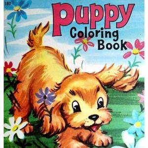 Big Little Book Puppy Coloring 180 Saalfield Unused NOS Cute Dog In Flower Bed